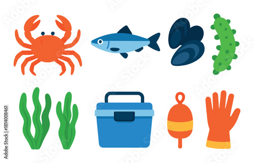 Colorful marine icons: crab, fish, mussels, cucumber, seaweed, tackle box, buoy, glove