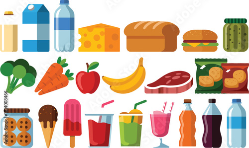 An assortment of food items including fruits vegetables meats and dairy products displayed on a white backdrop