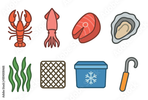 Seafood and kitchen icons: lobster, squid, salmon, oyster, seaweed, waffle, freezer, hook
