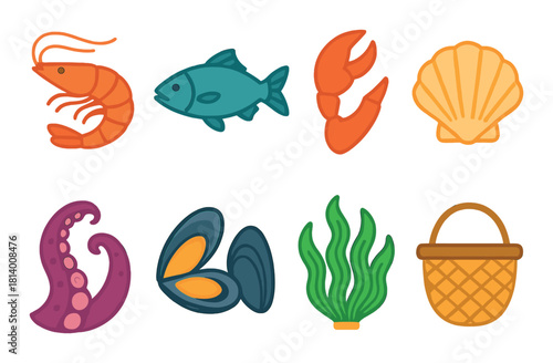 Colorful seafood icons featuring shrimp, fish, lobster, and more