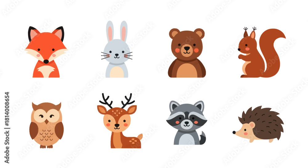 Fototapeta premium Cartoon woodland animals illustration set design elements isolated