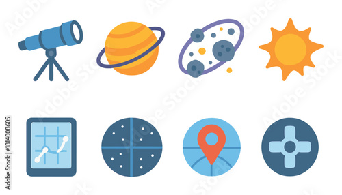 Space exploration icons: telescope, planet, solar system, sun, graph, target, map, navigation