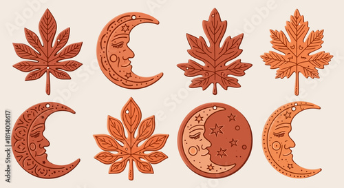Eight autumnthemed ornaments comprising maple leaves  crescent moon shapes in terracotta  pale tan tones