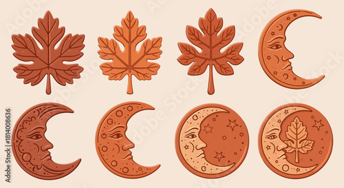 Eight autumnal cookies three leaves four crescent moons and one full moon all in warm earthy tones