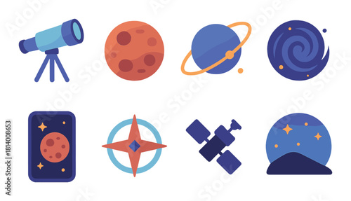 Celestial icons: telescope, planets, galaxy, compass, stars, cosmos