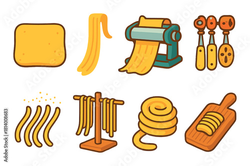 Cartoon icons of pasta making tools and ingredients on brown background