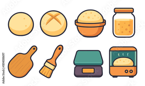 Bread baking icons set with ingredients and tools on brown background