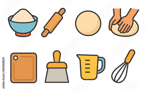 Baking icons: flour, rolling pin, dough, kneading, cutting board, brush, measuring cup, whisk