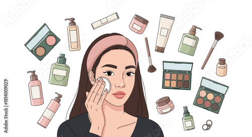 A woman with a headband is removing makeup with a cotton pad surrounded by various cosmetic products.