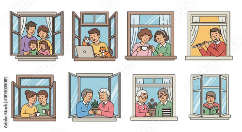Eight different windows showing various people and families enjoying their time indoors, some with pets or hobbies.