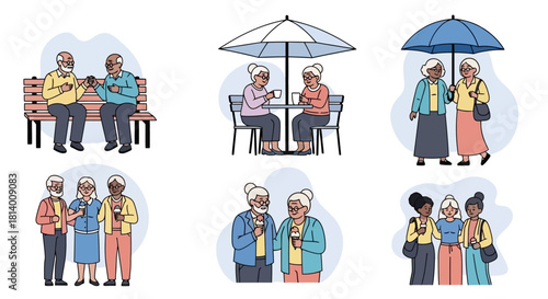 Collection of diverse elderly people socializing outdoors, using smartphones, and enjoying leisure time together in various illustrated scenes.