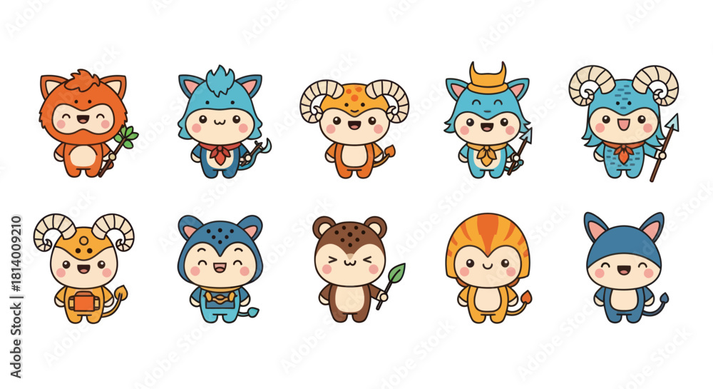 Obraz premium Cartoon zodiac characters collection various designs isolated on white background