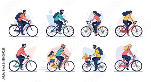 A collection of diverse people riding bicycles, including men, women, and children, depicted in a modern flat illustration style.