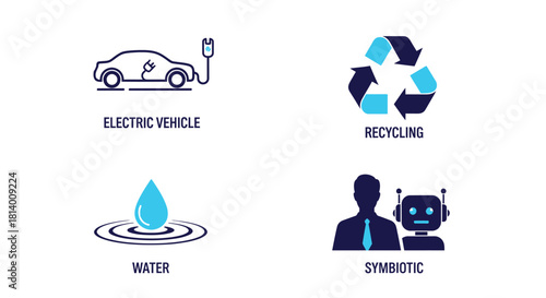 Vector illustration of electric vehicle, recycling, water and symbiotic icons isolated on