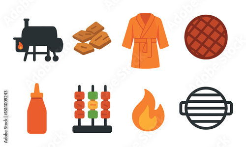 Barbecue icons: grill, skewer, flame, sauce, waffle, robe, wood, grate