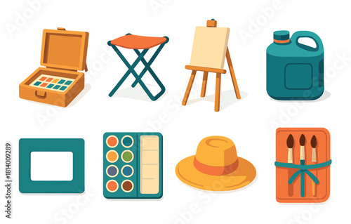 Art supplies set with easel, canvas, paints, brushes, palette, stool, hat