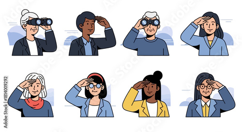 A diverse group of people, both men and women of various ages and ethnicities, are depicted looking into the distance with a sense of anticipation and observation.