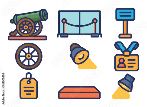 Museum icons: cannon, display case, signage, wheel, spotlight, badge, podium