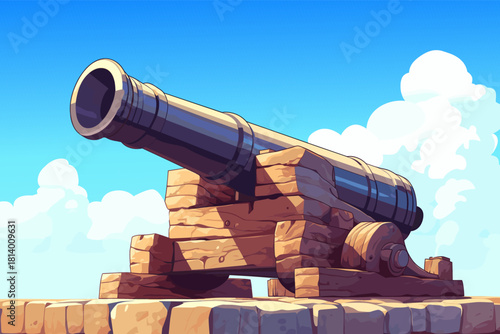 Cartoon antique iron cannon on a gun carriage on a clear day in a fortress, vector illustration