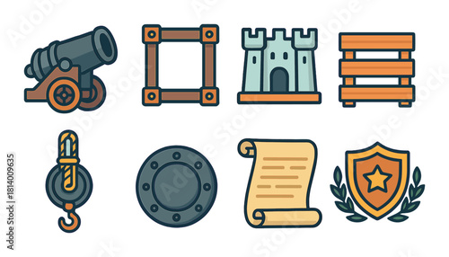 Set of medieval style icons: cannon, fortress, shield and more