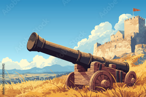 Cartoon antique iron cannon on a gun carriage on a clear day in a fortress, vector illustration