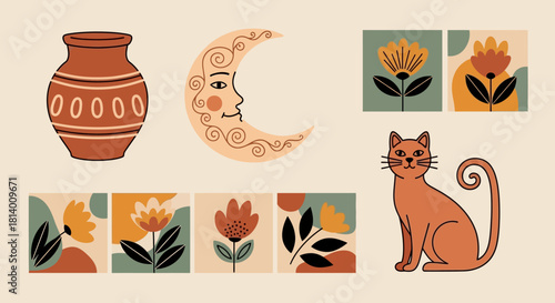 An assortment of bohostyle graphics including a vase moon flowers and a cat