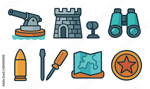 Military icon set featuring cannon tower binoculars bullet tools map star