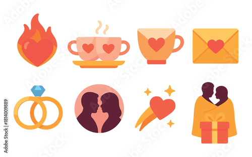 Romantic love symbols: hearts, rings, couples, gifts, and coffee art