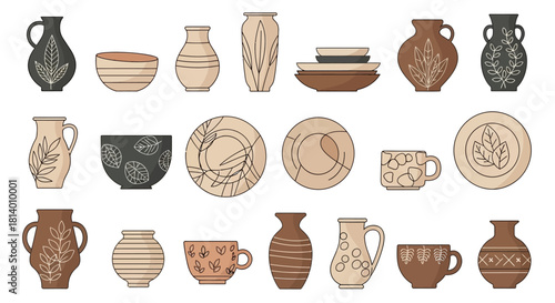 An array of 20 ceramic items including vases bowls plates and mugs in various neutral earth tones with decorative patterns