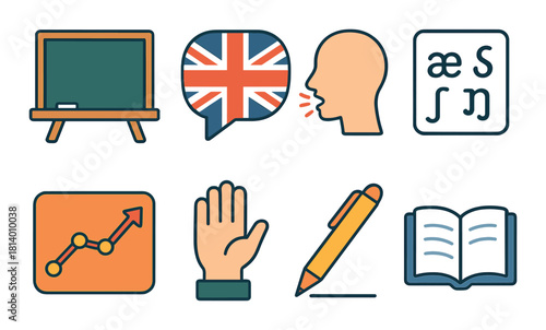 Language learning icons set: chalkboard, speech, graph, book, linguistics symbols