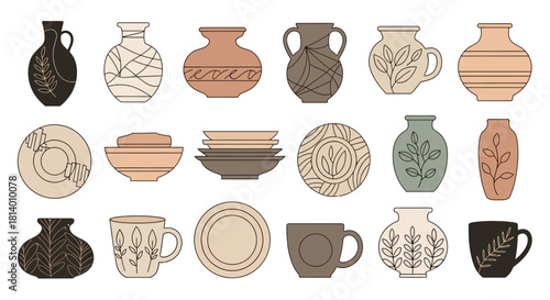 Assorted vases cups and plates with neutral colors  leaf patterns