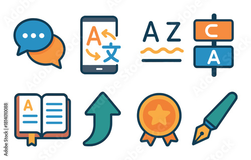Digital language tools icons with chat, translation, dictionary, and writing elements