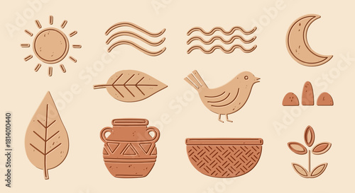 Beige background with terracotta icons sun wind leaves bird vase and moon