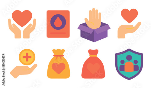 Neon charity icon set with hearts and hands