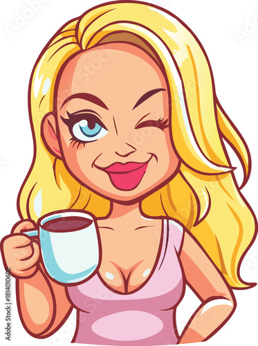 Glamorous Chibi Woman Winking with Bright Lipstick Holding White Coffee Cup, Pink Top Vector Illustration for Beauty Blog