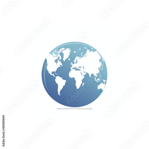World map globe illustration with blue gradient oceans and white continents, casting a soft shadow.