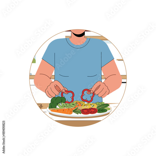 Person preparing a healthy meal, holding red bell pepper slices over a plate of fresh vegetables.