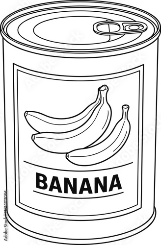 Black and white canned banana fruit tin vector illustration line art outline food container sketch design element isolated on white background