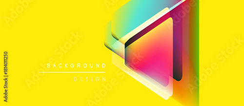 Bright yellow backdrop features layered triangle shapes. Gradient colors blend, creating modern visual effect. Text reads background design.