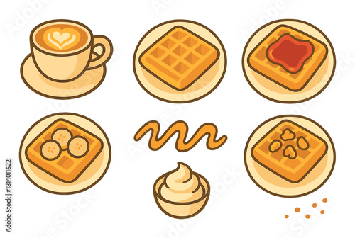 Sweet breakfast icons: coffee, waffles, toppings, and cream on brown background
