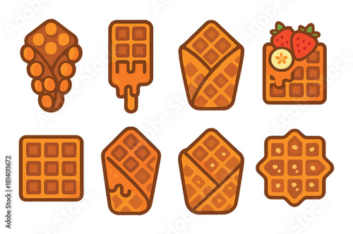 Various waffle designs including bubble, popsicle, and fruit topped varieties
