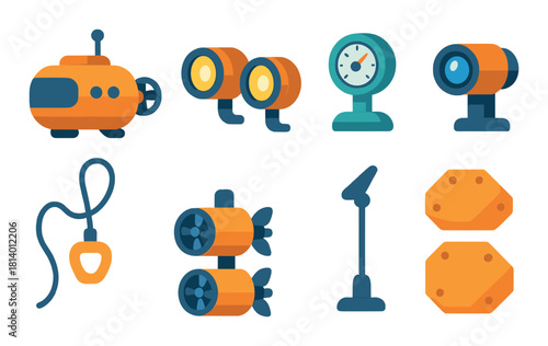 Set of neon glowing deep-sea submarine equipment icons on dark background
