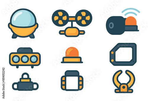 Futuristic robotic components with drones lights and mechanical parts