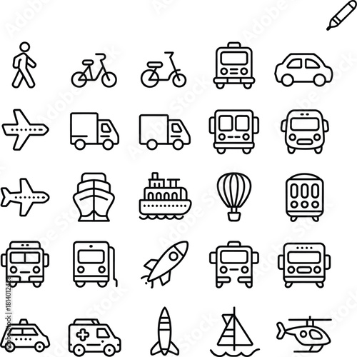 Transportation icon set with black and white line symbols of vehicles, travel modes, and mobility concepts