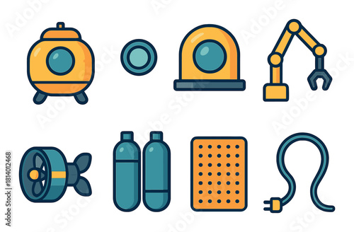 Colorful underwater exploration equipment icons with submarine, diving helmet, and robotic arm
