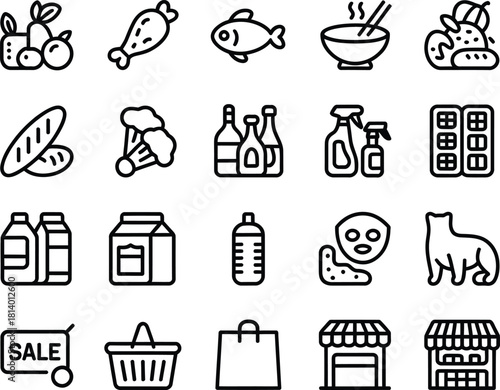 Collection of grocery store items in black outline icons arranged in a grid pattern on white background