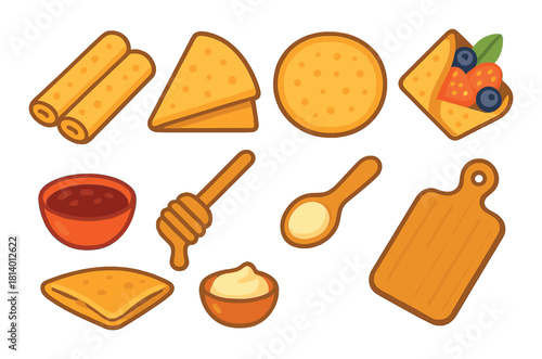 Assorted pancake ingredients and toppings on wooden surface
