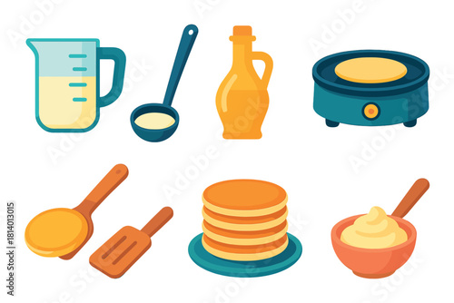Colorful pancake making icons with kitchen utensils and ingredients