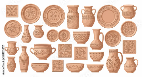Array of earthenware pottery vases plates bowls  tiles in various sizes shapes and patterns