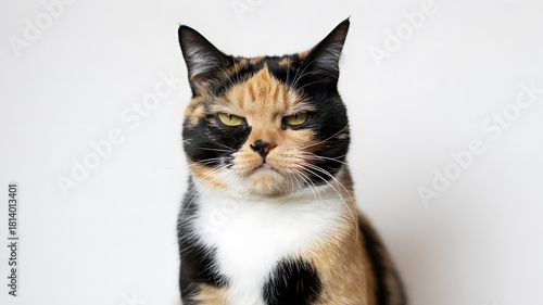 Grumpy calico cat with intense green eyes looking directly forward